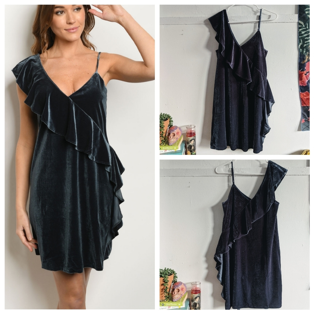 Emerald Green Velvet Ruffle Babydoll Slip Dress XS